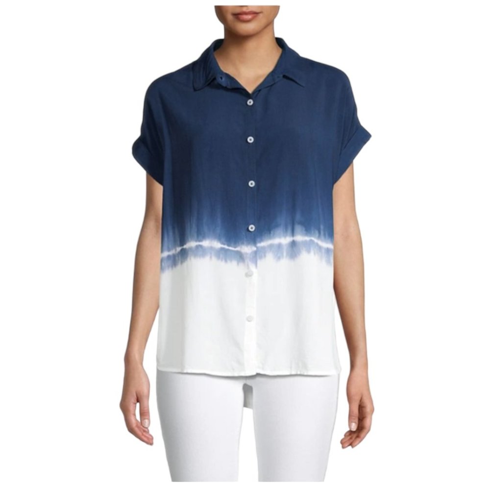BeachLunchLounge 100% Viscose Blue White Ombre Short Sleeve Button Up Cuff